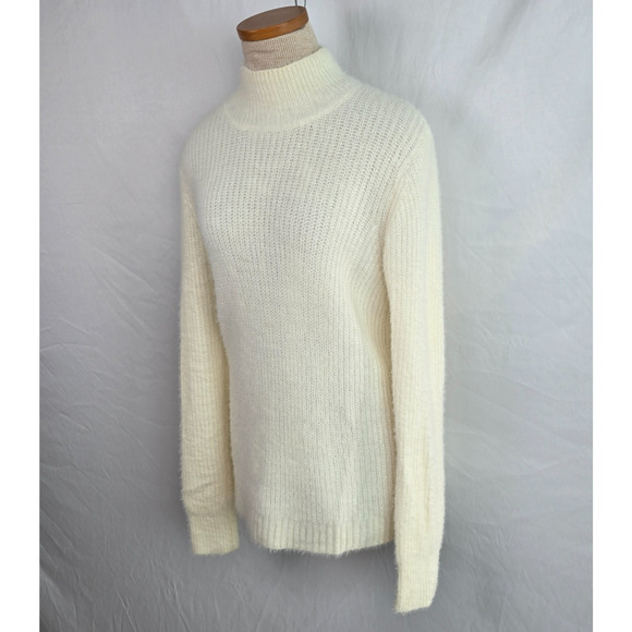 Marled Sweater Women's L Cream Mock Neck Soft Elegant Long Sleeve Fuzzy - Picture 6 of 16
